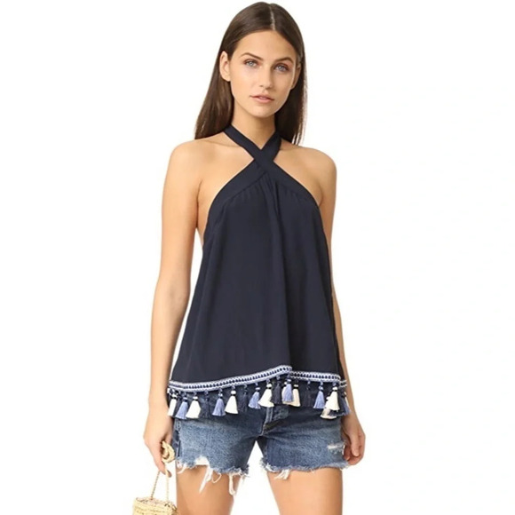 Tularosa Revolve Cory Halter Top Navy Blue Tassels Open Back Embroidered Size XS - Picture 1 of 16